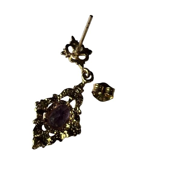 14K Earrings Gold Amethyst Filigree Drop Dangle Vintage Art Deco Signed CU - Picture 8 of 8